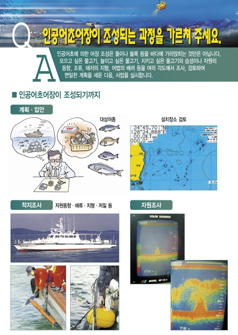 질문-인공어초어장이 조성되는 과정을 가르쳐 주세요 답변-인공어초에 의한 어장 조성은 돌이나 블록 등을 바다에 가라앉히는 것만은 아닙니다. 모으고 싶은 물고기, 늘이고 싶은 물고기, 지키고 싶은 물고기의 습성이나 자원의 동향, 조류, 해저의 지형, 어법의 배려 등을 여러 각도에서 조사, 검토하여 면밀한 계획을 세운 다음, 사업을 실시합니다.\n인공어초어장이 조성되기까지 첫번째-대상어종, 설치장소 검토를 통해서 계획?입안을 합니다. 두번째-자원동향?해류?지형?저질 등 적지조사를 합니다. 세번째-자원조사를 합니다.